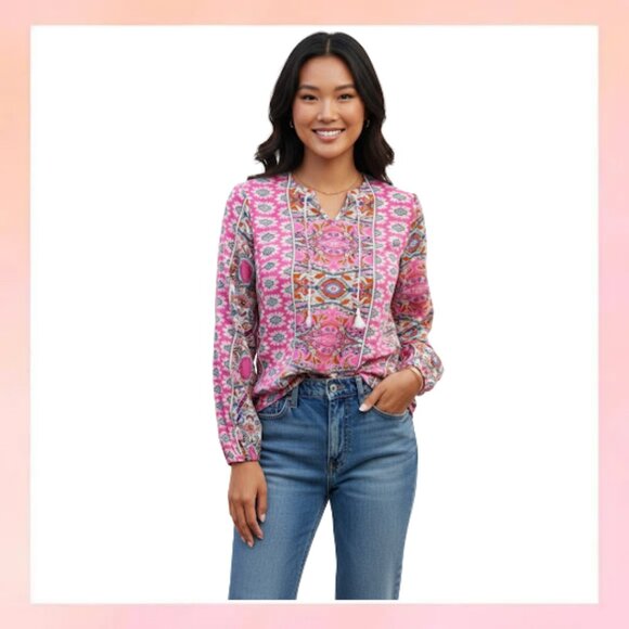 Tops - Boho Chic Printed Long-Sleeve Blouse - Pink & Multicolor